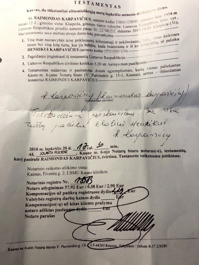 2018 m. pasirašytas testamentas