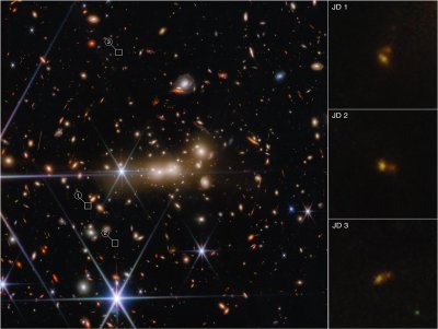 JWST užfiksavo galaktikų arba žvaigždžių spiečių susijungimą.