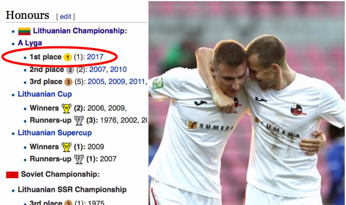 „Wikipedia“ anksčiau laiko titulavo „Sūduvą“ Lietuvos čempione