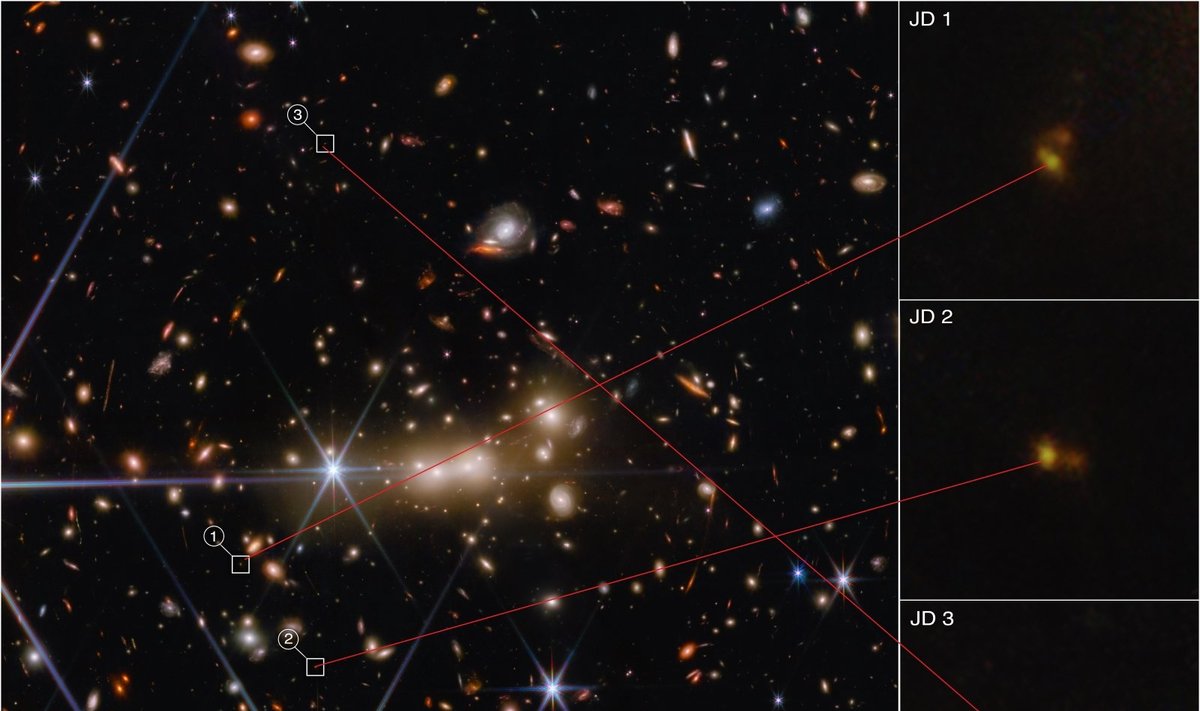 JWST užfiksavo galaktikų arba žvaigždžių spiečių susijungimą.
