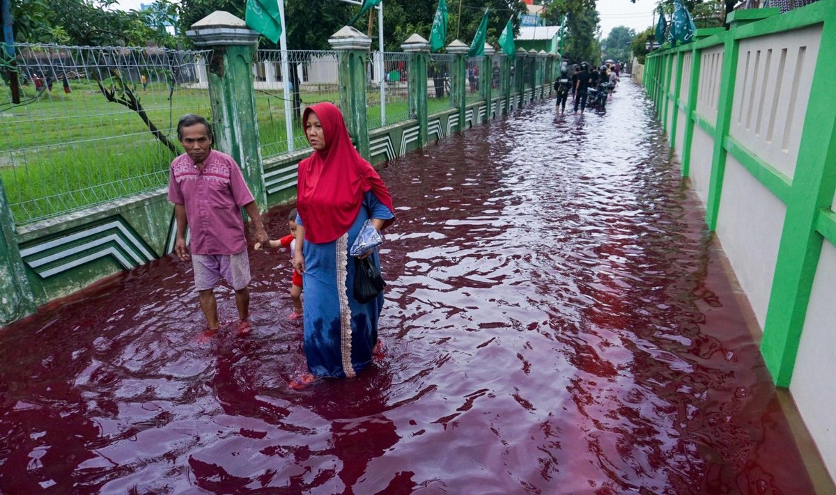 Indonezijoje batikos dažai raudonai nudažė potvynio vandenis