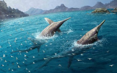  Mokslininkai pirmą kartą aptiko didžiausio kada nors Žemėje gyvenusio jūrų roplio fosilijas. Ichthyotitan severnensis. Gabriel Ugueto Art iliustr.