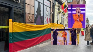 Jungtinės Karalystės lietuviai renkasi prie viešbučio, kuriame apsistojusi Monika Linkytė: nutiesta net 75 metrų vėliava