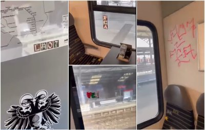 Prišiukšlintame traukinyje palikti lipdukai ir grafičiai siejami su vokiečių futbolo klubu Augsburgo FC 
