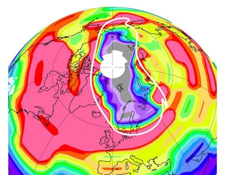Ozono skylė virš Arkties: pilka ir violetinė spalvos reiškia visiškai ploną ozono sluoksnį, geltona, žalia ir raudona - normalų storį