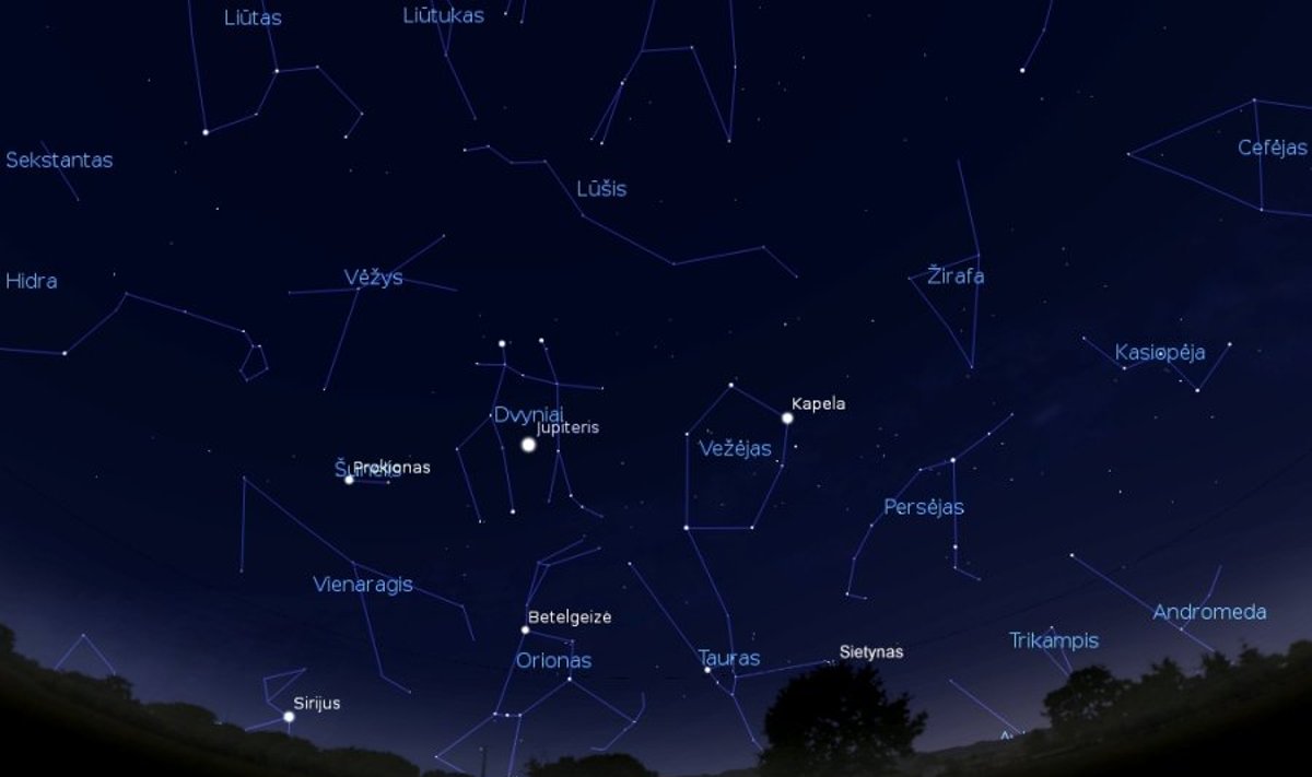Vakarinė blandžio žvaigždėto dangaus pusė,  22 val. (piešinys sukurtas „Stellarium“ programa).