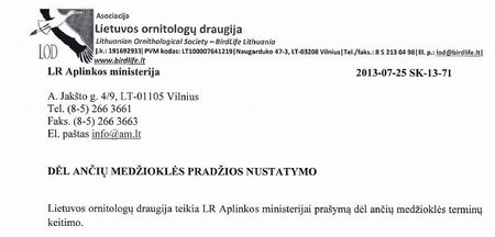 Lietuvos ornitologų draugijos kreipimasis į Aplinkos ministeriją