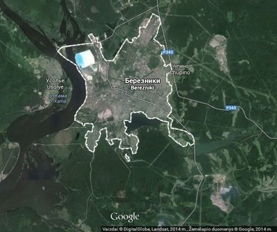 Vadinamoji Bereznikų "Negyvoji jūra" Google Maps žemėlapyje skaisčiai mėlynuoja