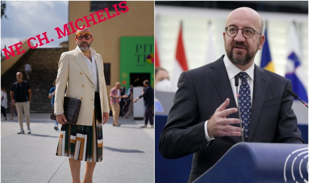 Kairėje – vyrų mados savaitės „Pitti Uomo 2021“ dalyvis, dešinėje – Europos tarybos prezidentas Ch. Michelis