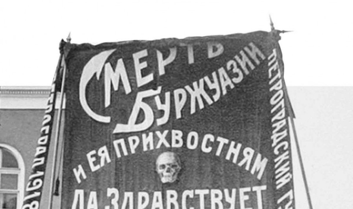 „Mirtis buržuazijai ir jos padlaižiams. Tegyvuoja raudonasis teroras!“ Petrogrado Gubsovdepas (Petrogrado gubernijos deputatų taryba). Petrogradas, 1918 m., leidyklos „Briedis“ iliustracija