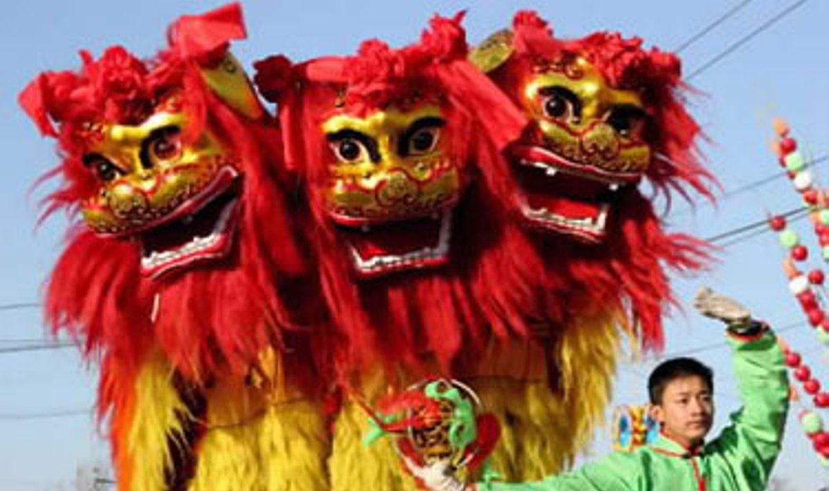 Kinų aktoriai šoka liūtų šokį Pekine švęsdami Naujuosius metus pagal kinų kalendorių. Gyvenimas judrioje Kinijos sostinėje sulėtėjo, nes visi gyventojai mėgaujasi kasmetinėmis visą savaitę trunkančiomis Pavasario festivalio atostogomis. 