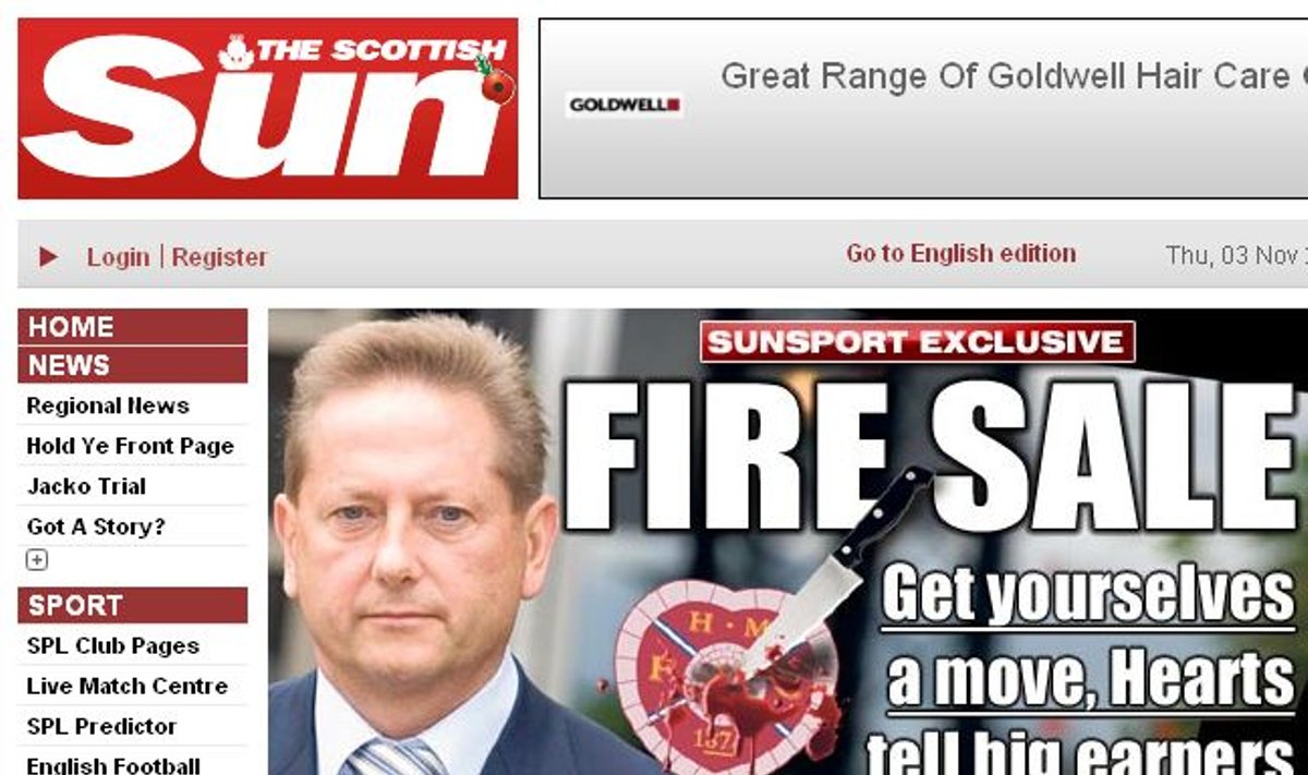Leidinio „The Scottish Sun“ ketvirtadienio numerio pirmasis puslapis (thescottishsun.co.uk nuotr.)