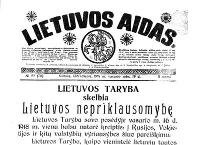 Lietuvos nepriklausomybės akto tekstas 1918 vasario 19 d. „Lietuvos aide“