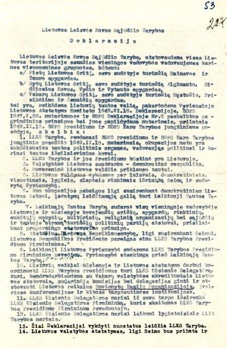 Lietuvos Laisvės Kovos Sąjūdžio tarybos deklaracija, Genocido aukų muziejaus nuotr.