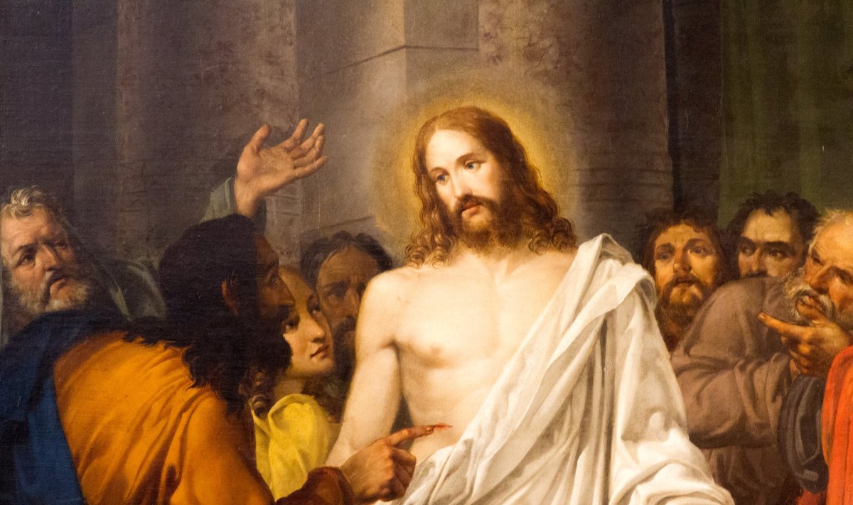Prisikėlęs Jėzus Kristus su savo mokiniais (Sebastiano Santi paveikslas, kabantis Šventųjų Apaštalų bažnyčioje Venecijoje, Italijoje)