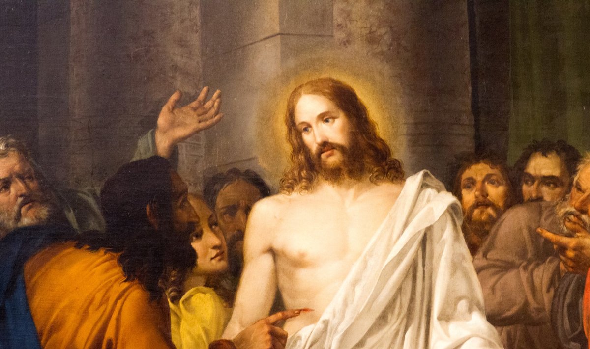Prisikėlęs Jėzus Kristus su savo mokiniais (Sebastiano Santi paveikslas, kabantis Šventųjų Apaštalų bažnyčioje Venecijoje, Italijoje)