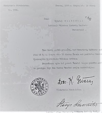 Mykolo Biržiškos paskyrimas Lietuvos vyriausybės įgaliotiniu Vilniuje, 1920 m.