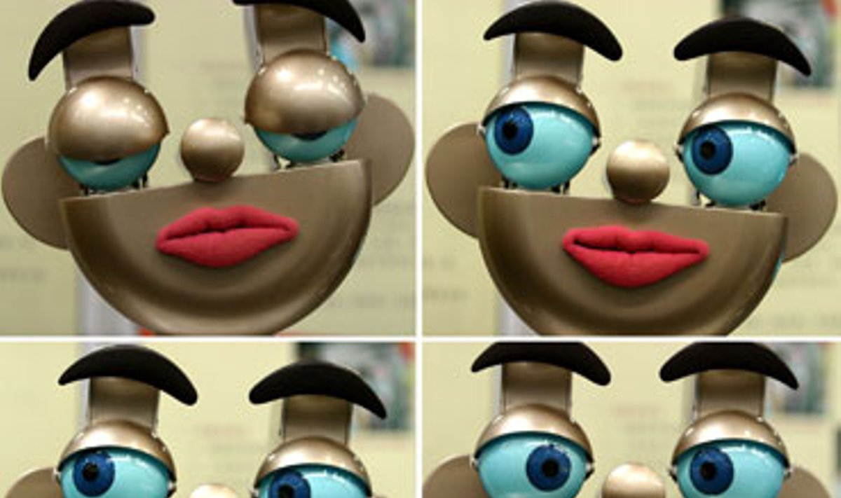 Kombinuotose nuotraukose matomos skirtingos Tarptautinėje protaujančių robotų ir sistemų konferencijoje Pekine (Kinija) pristatyto modelio veido išraiškos.
