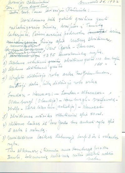 S. Dariaus laiško Karo aviacijos viršininkui gen. Stasiui Pundzevičiui juodraštis; Čikaga, 1932-12-02 / BLKM nuotr.