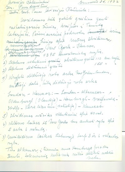 S. Dariaus laiško Karo aviacijos viršininkui gen. Stasiui Pundzevičiui juodraštis; Čikaga, 1932-12-02 / BLKM nuotr.