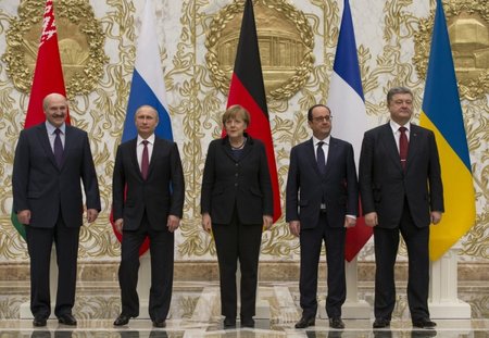 Aleksandras Lukašenka, Vladimiras Putinas, Angela Merkel, Francois Hollande'as, Petro Porošenka