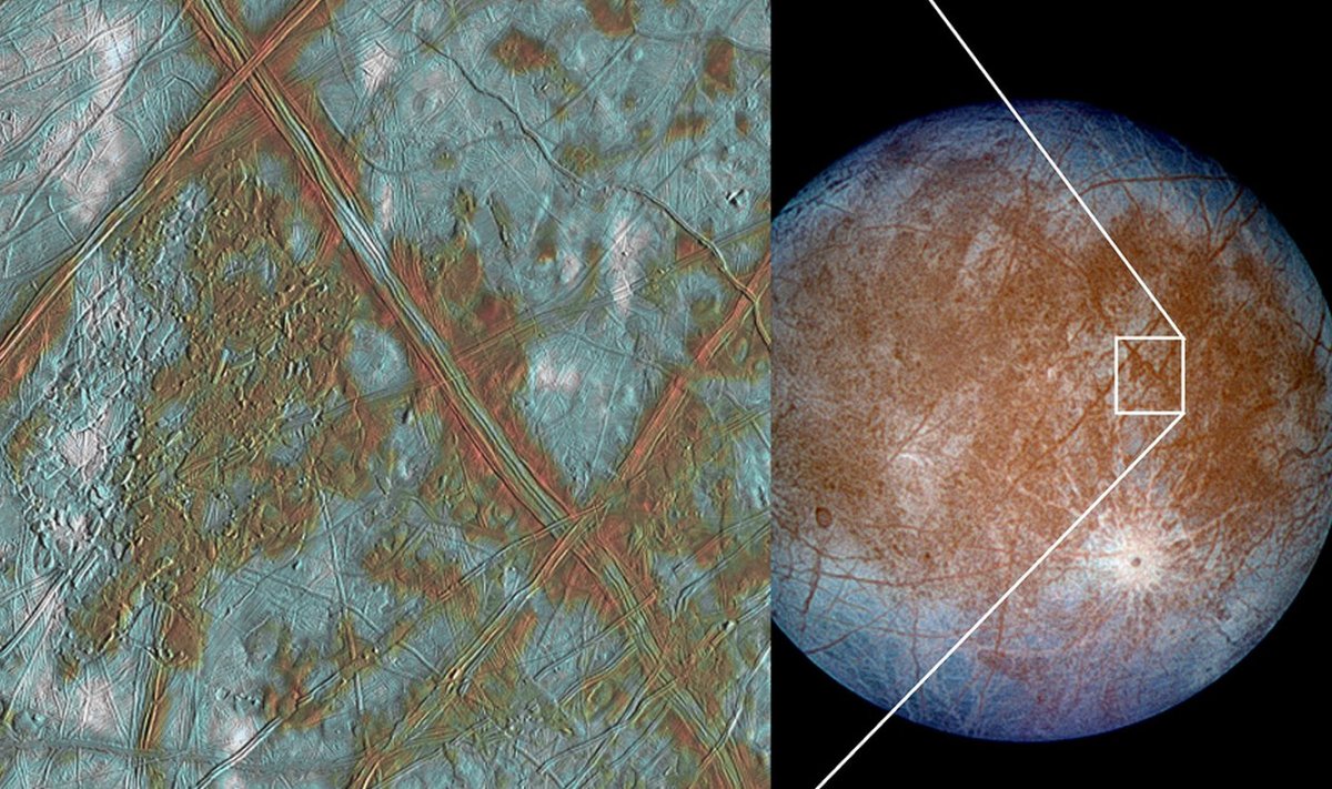 Jupiterio palydovas Europa turi ne tik vandens, bet ir anglies dioksido bei druskos. NASA/JPL nuotr.