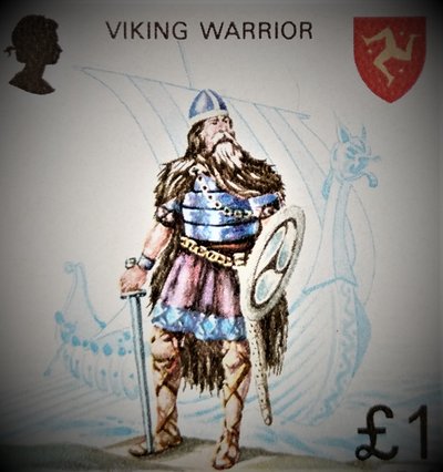 Iš burinio laivo išlipęs vikingų karys pagal Meno salos 1978 m. pašto ženklo piešinį