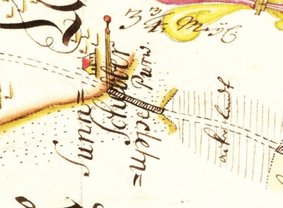 5 iliustracija. Kelio ženklas 1695 m. Biržų–Bauskės kelio brėžinyje. Latvijos valstybės istorijos archyvas
