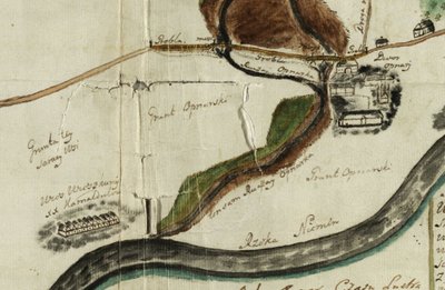 1766 m. kelio nuo Pažaislio į Vilnių plano fragmentas su pavaizduota žemgrinda (grobla). Lietuvos valstybės istorijos archyvas 