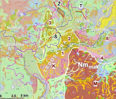 Paskutiniojo – Vėlyvojo Nemuno – ledyno maksimalaus išplitimo riba Vilniaus apylinkėse (Vilniaus miesto riba parodyta rožinės spalvos linija). 