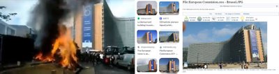 Iš kairės į dešinę: kadras iš analizuojamo vaizdo įrašo; „Google Lens“ paieškos rezultatai; Europos Komisijos pastato Briuselyje nuotrauka