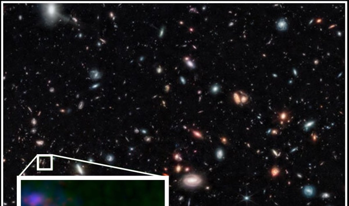 Tolimiausia galaktika, kurioje aptiktas deguonis. NASA / ESA / CSA / T. Treu, UCLA / NAOJ / T. Bakx, Nagoya U nuotr.