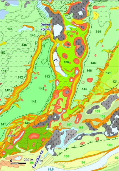 Verkių riną sudarančių termokarstinių daubų virtinė (Vilniaus geomorfologinio žemėlapio fragmentas)