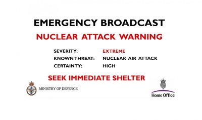 Automatiniu būdu sugeneruota BBC branduolinio pavojaus žinutė, transliuojama, likus kelioms minutėms iki smūgio