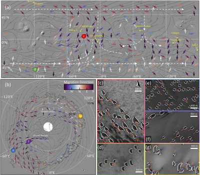 Barchano kopų žemėlapiai Marse, sudaryti taikant mašininį mokymąsi, su numanoma kopų migracija ir vėjo kryptimis. Nuotr. Geophysical Research Letters (2023).