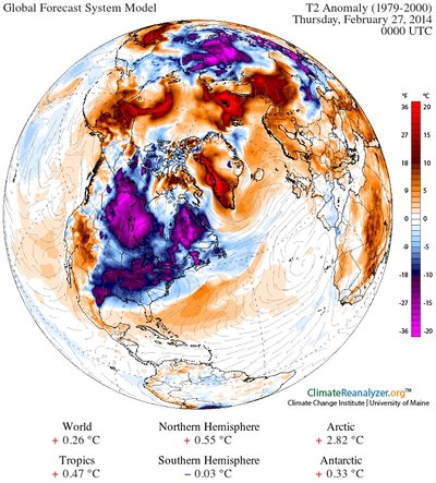 Pernai JAV valstijos buvo šokiruotos neįtikėtinai šaltos žiemos (climatereanalyzer.com iliustr.)