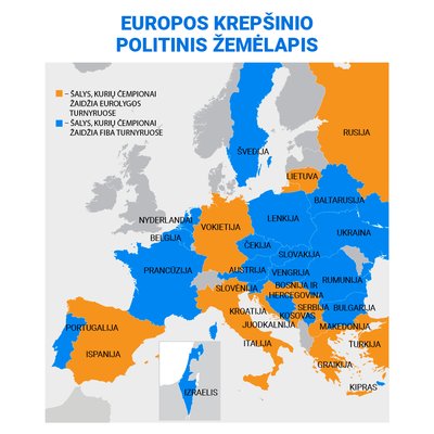 Europos krepšinio žemėlapis, atspindintis, kuriuose turnyruose žais nacionaliniai čempionai