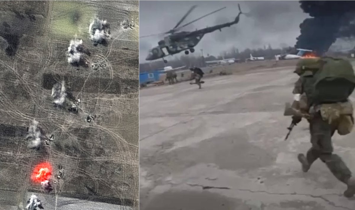 Mūšis dėl Hostomelio oro uosto: kairėje matote artilerijos apšaudymus netoli oro uosto. Dešinėje matote rusų desantininkus jau oro uoste