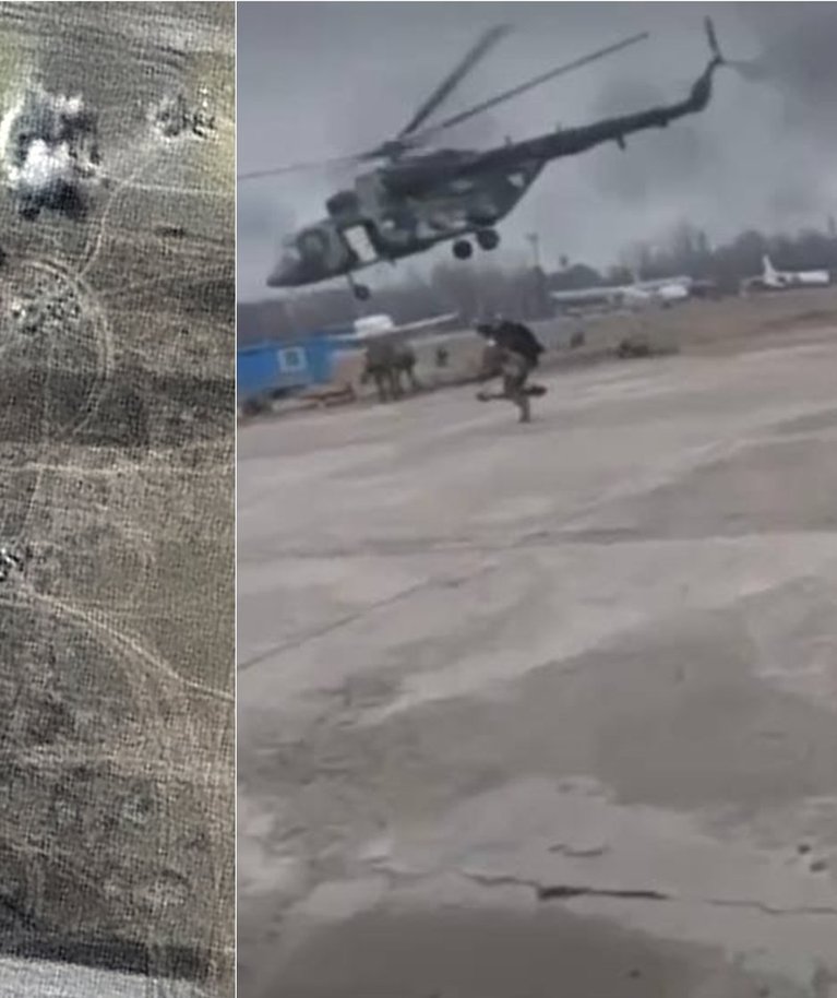 Mūšis dėl Hostomelio oro uosto: kairėje matote artilerijos apšaudymus netoli oro uosto. Dešinėje matote rusų desantininkus jau oro uoste