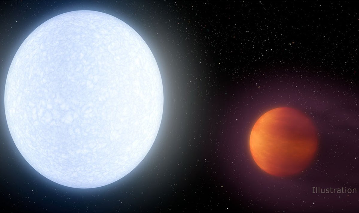 Dailininkas pavaizdavo planetą KELT-9b, besisukančią aplink žvaigždę KELT-9