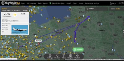 NATO žvalgybinis lėktuvas Boeing E-8C Joint STAR lėktuvas ratus suko Lietuvoje ir Lenkijoje palei Baltarusijos sieną. flightradar24.com iliustr.