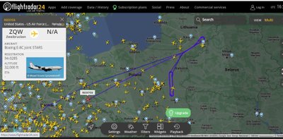 NATO žvalgybinis lėktuvas Boeing E-8C Joint STAR lėktuvas ratus suko Lietuvoje ir Lenkijoje palei Baltarusijos sieną. flightradar24.com iliustr.