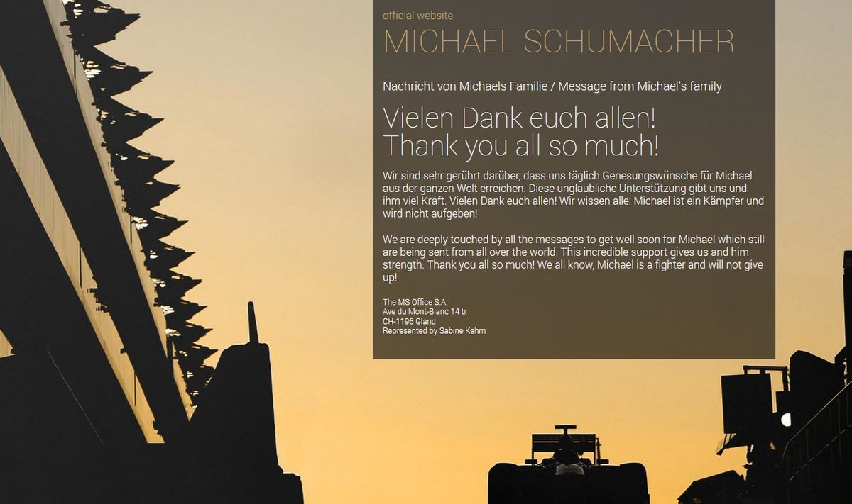 M. Schumacherio šeima pirmadienį išplatino optimistinį pranešimą (michael-schumacher.de nuotr.)