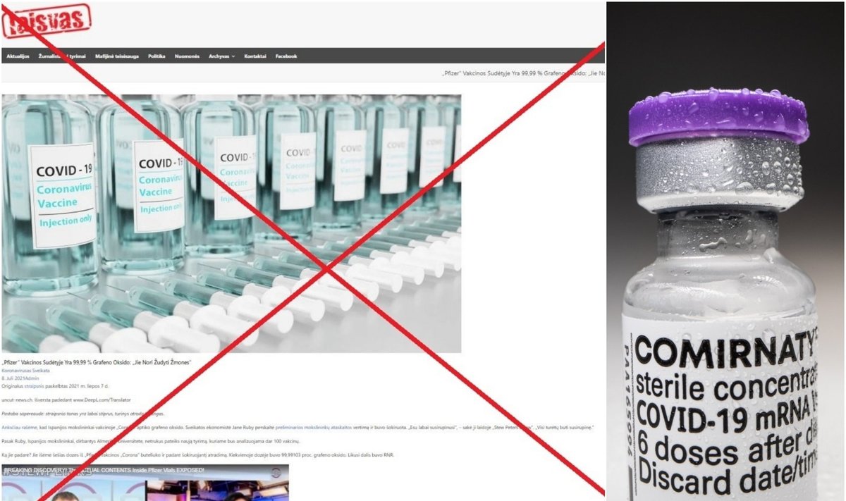 Kairėje – melagingas pranešimas, dešinėje – „Pfizer / BioNTech“ kurta vakcina nuo COVID-19