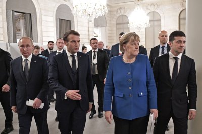 Vladimiras Putinas, Emmanuelis Macronas, Angela Merkel, Volodymyras Zelenskis