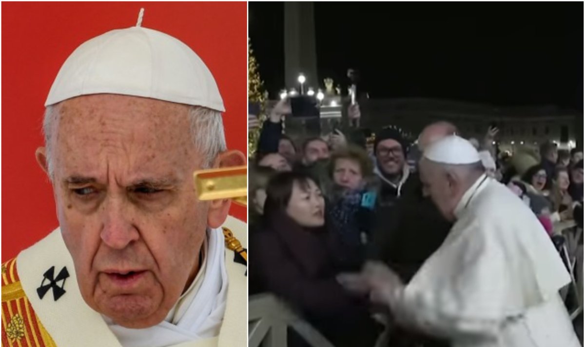 Popiežius atsiprašė už incidentą, per kurį trinktelėjo moteriai