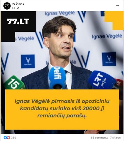 77.lt pranešimas „Facebook“ tinkle apie I. Vėgėlės kandidatūros į Lietuvos prezidentus patvirtinimą.