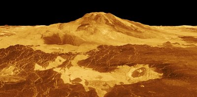 Ugnikalnis Veneroje – Matės kalnas. Trimatis vaizdas sukurtas remiantis Magellan zondo radaro duomenimis. Šaltinis: NASA/JPL