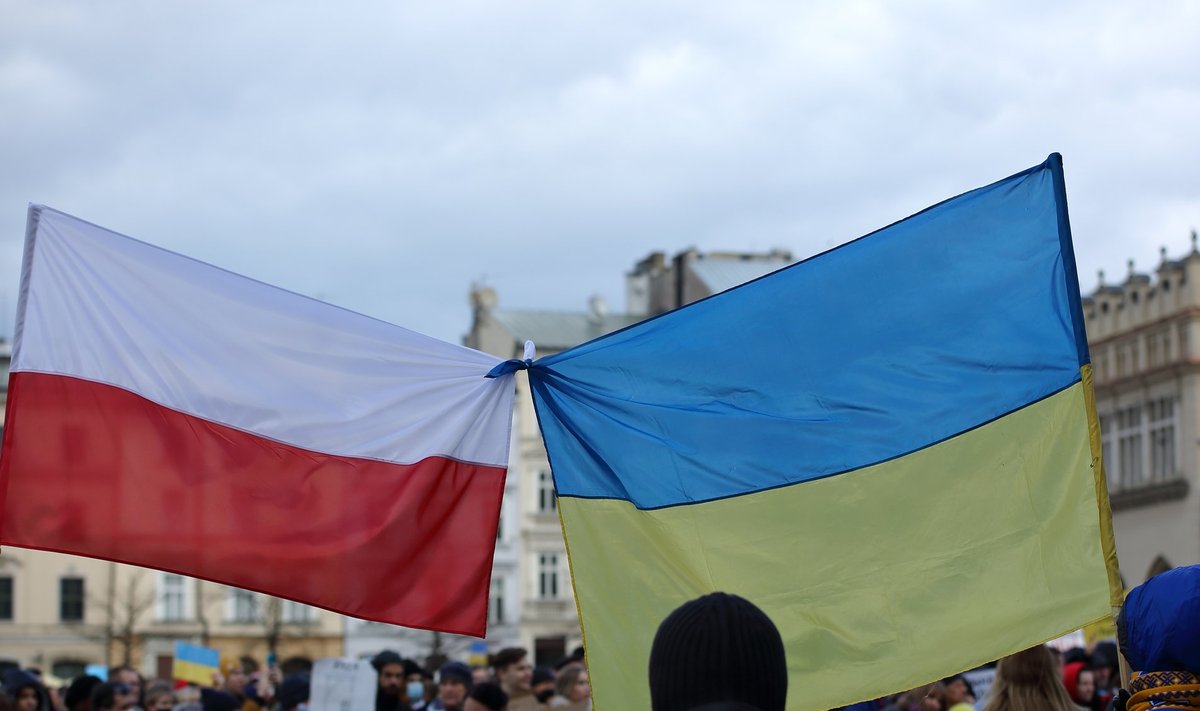 Ukrainos ir Lenkijos vėliavos Ukrainos palaikymo akcijoje Krokuvoje, Lenkijoje