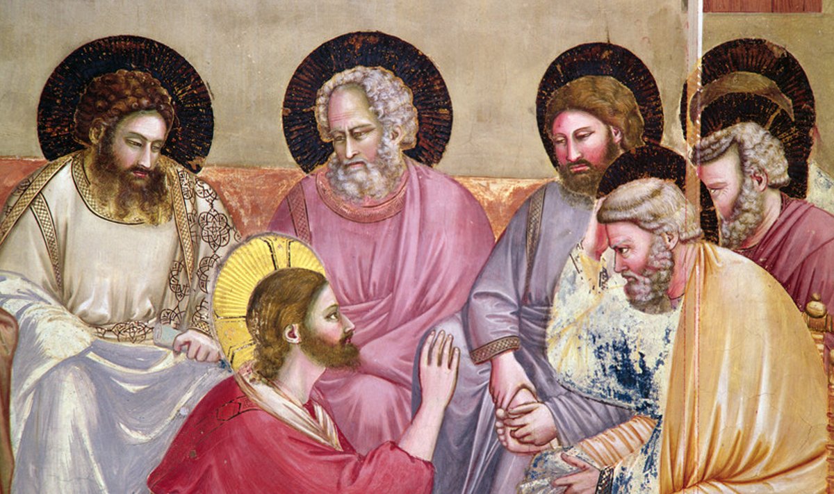 Jėzus Kristus mazgoja kojas savo mokiniams, Giotto di Bondone freska, apie 1305 m., Arenos koplyčioje Paduvoje, Italijoje